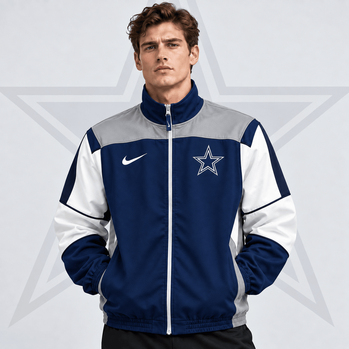 Premium NFL x DAL Team Crest Retro Color Block Full Zip Windbreaker Jacket