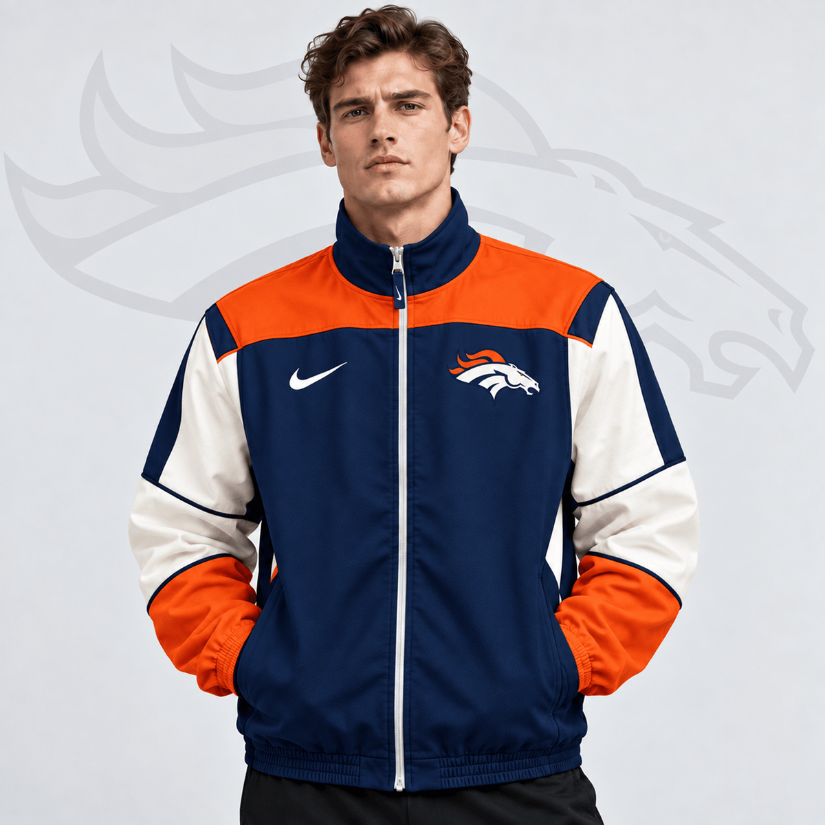 Premium NFL x DEN Team Crest Retro Color Block Full Zip Windbreaker Jacket