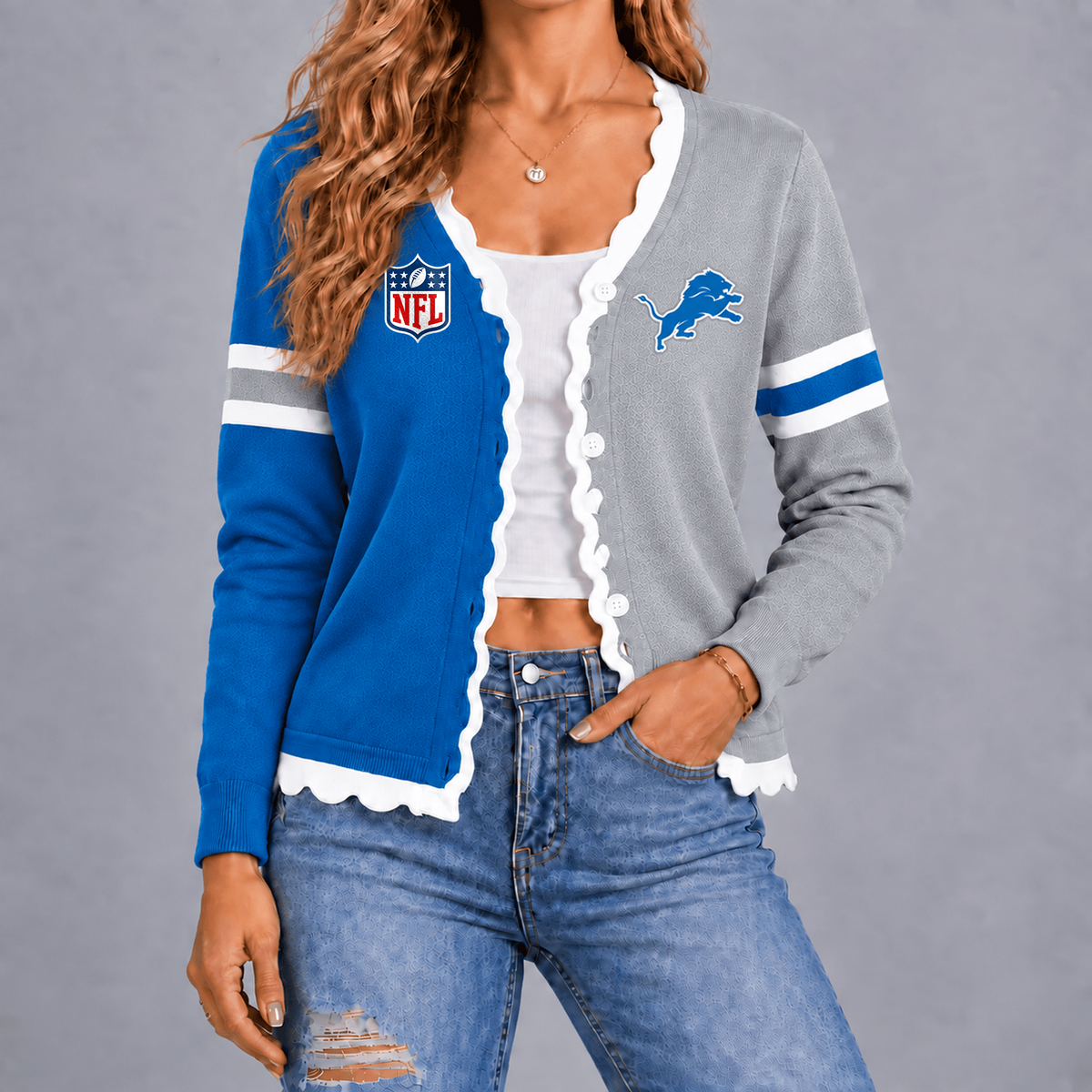 Premium NFL x DET Varsity Stripe Button Cardigan