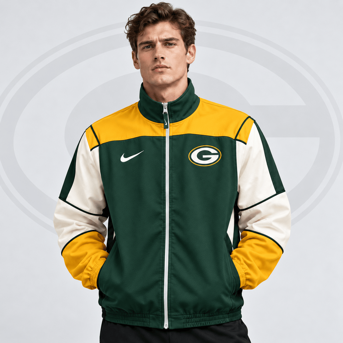 Premium NFL x GB Team Crest Retro Color Block Full Zip Windbreaker Jacket