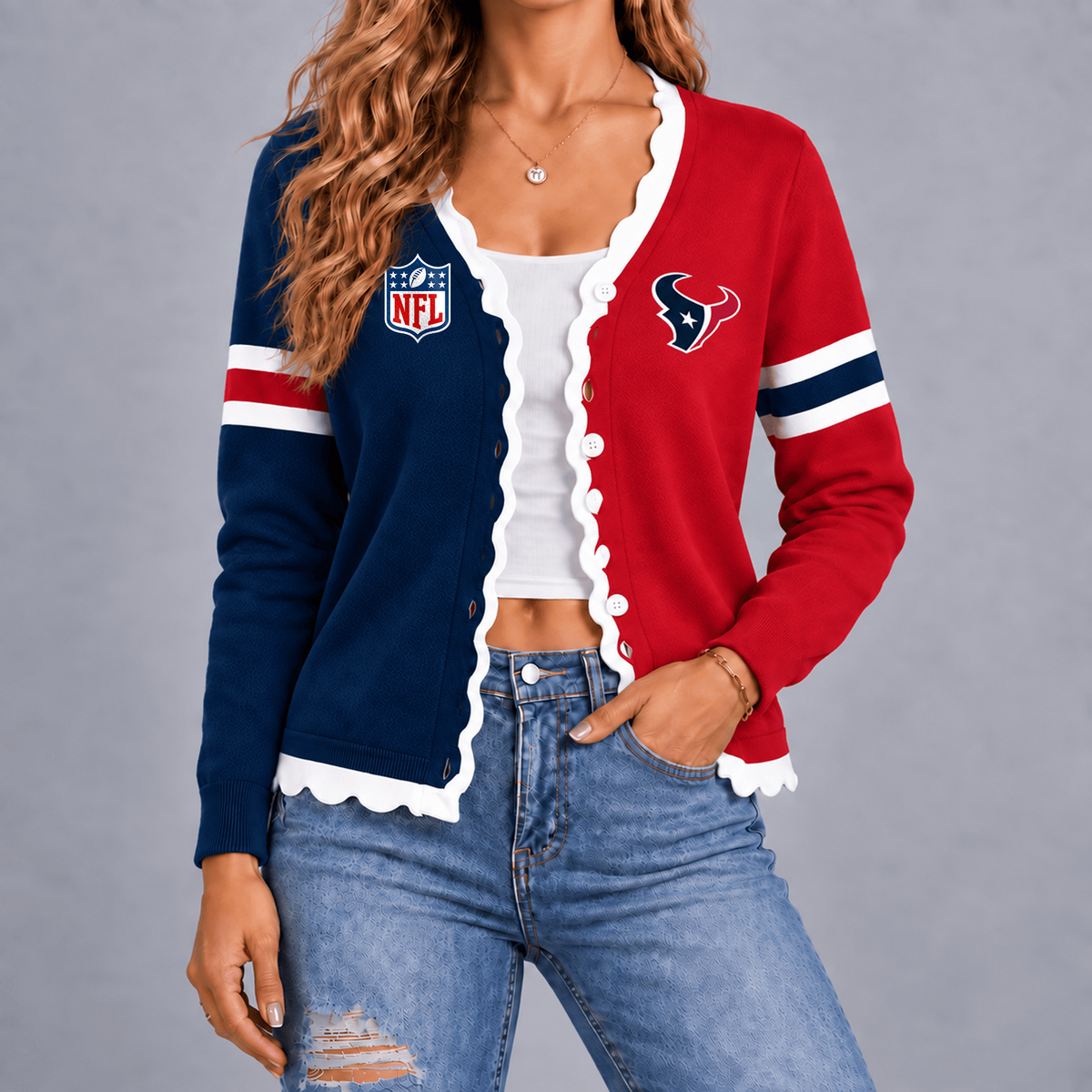 Premium NFL x HOU Varsity Stripe Button Cardigan