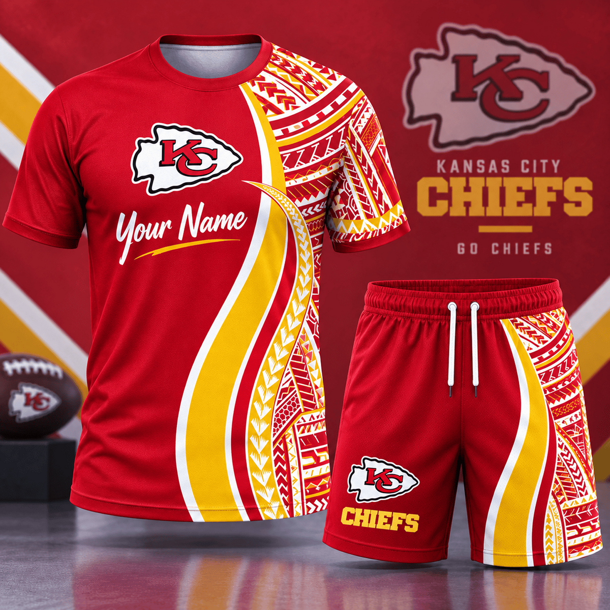 Premium NFL x KCC Custom Name Tribal Graphic T-Shirt and Shorts Set Football Fan Sports Outfit