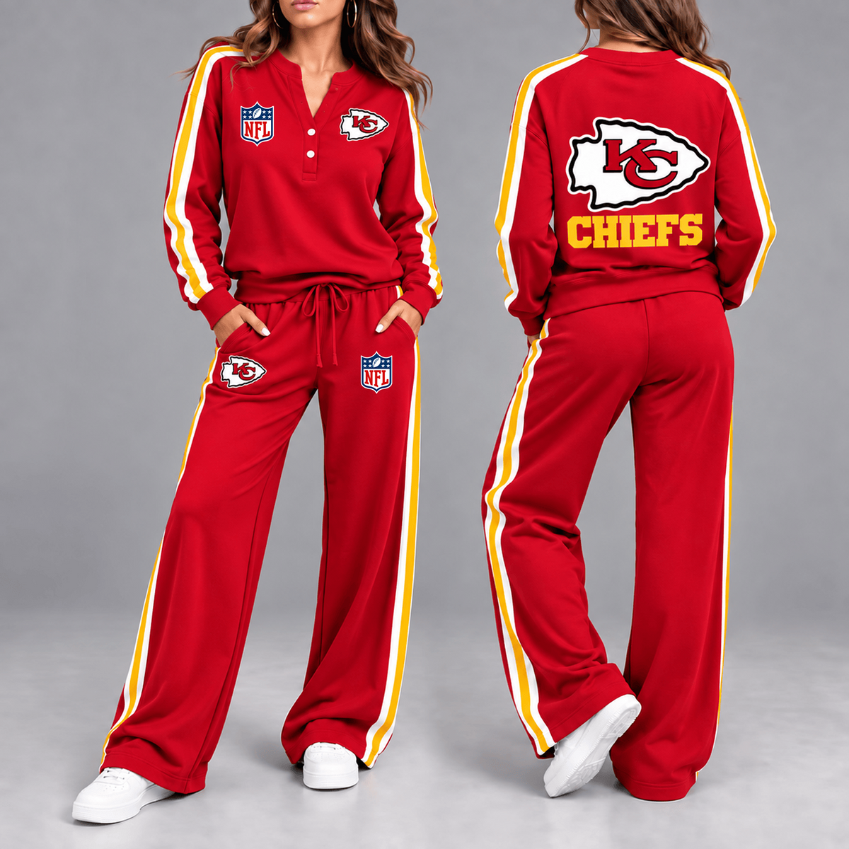 Premium NFL x KCC Game Day Sporty Stripe Long Sleeve Pullover Top & Wide-Leg Pants Set