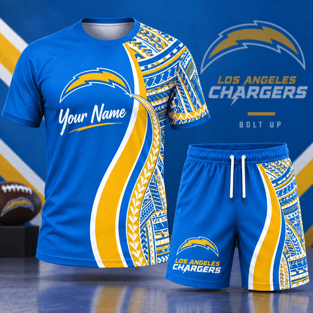 Premium NFL x LAC Custom Name Tribal Graphic T-Shirt and Shorts Set Football Fan Sports Outfit