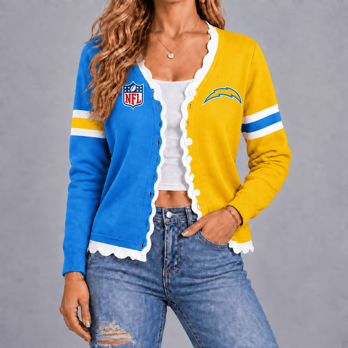 Premium NFL x LAC Varsity Stripe Button Cardigan