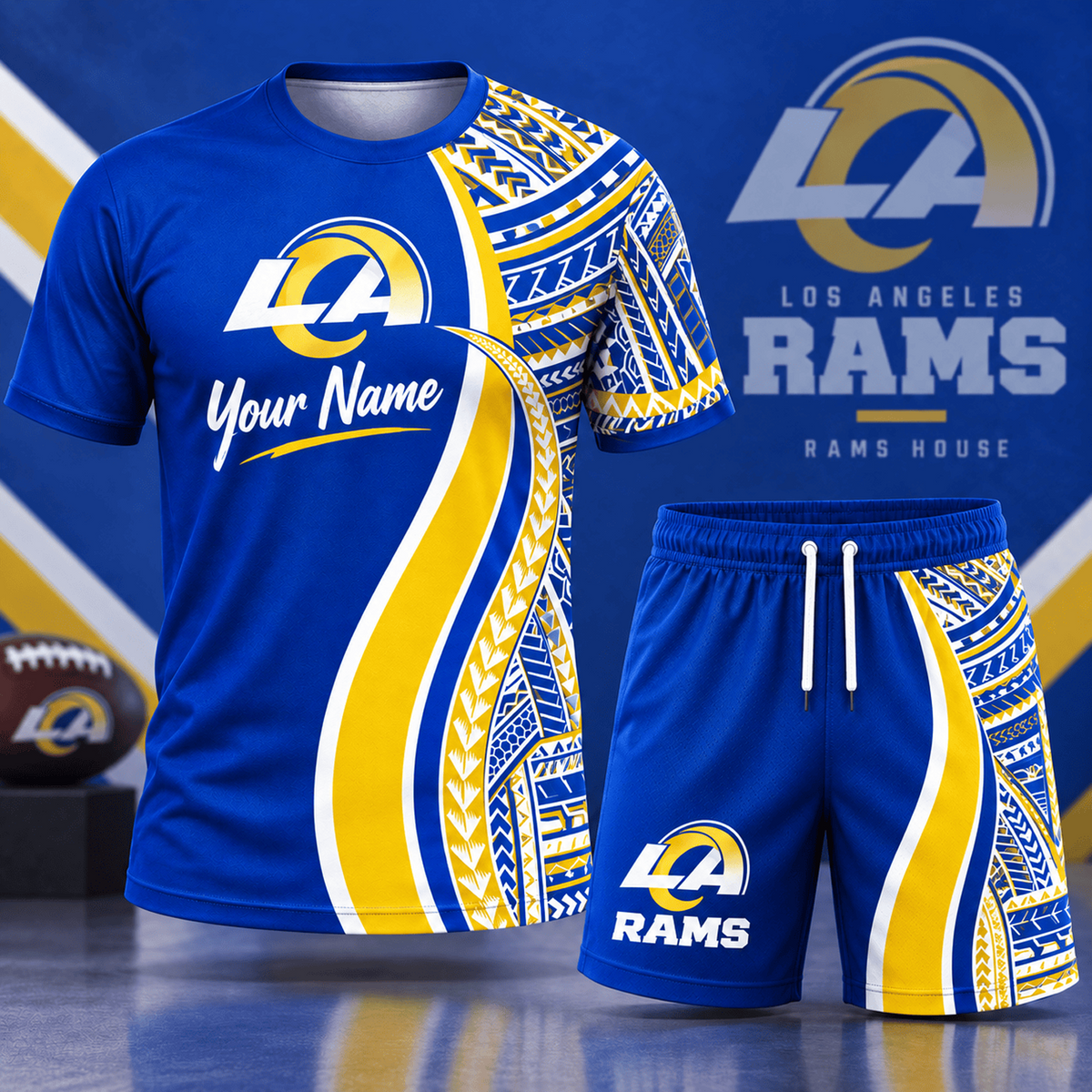 Premium NFL x LAR Custom Name Tribal Graphic T-Shirt and Shorts Set Football Fan Sports Outfit