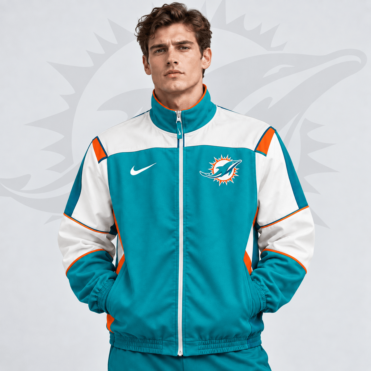 Premium NFL x MIA Team Crest Retro Color Block Full Zip Windbreaker Jacket