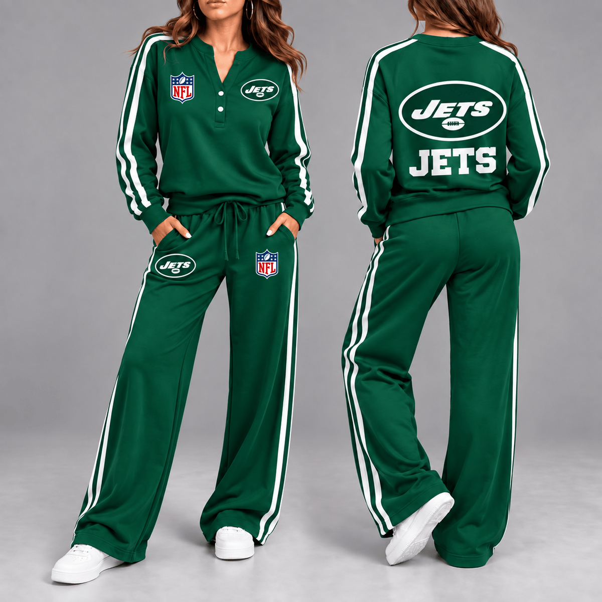 Premium NFL x NYJ Game Day Sporty Stripe Long Sleeve Pullover Top & Wide-Leg Pants Set