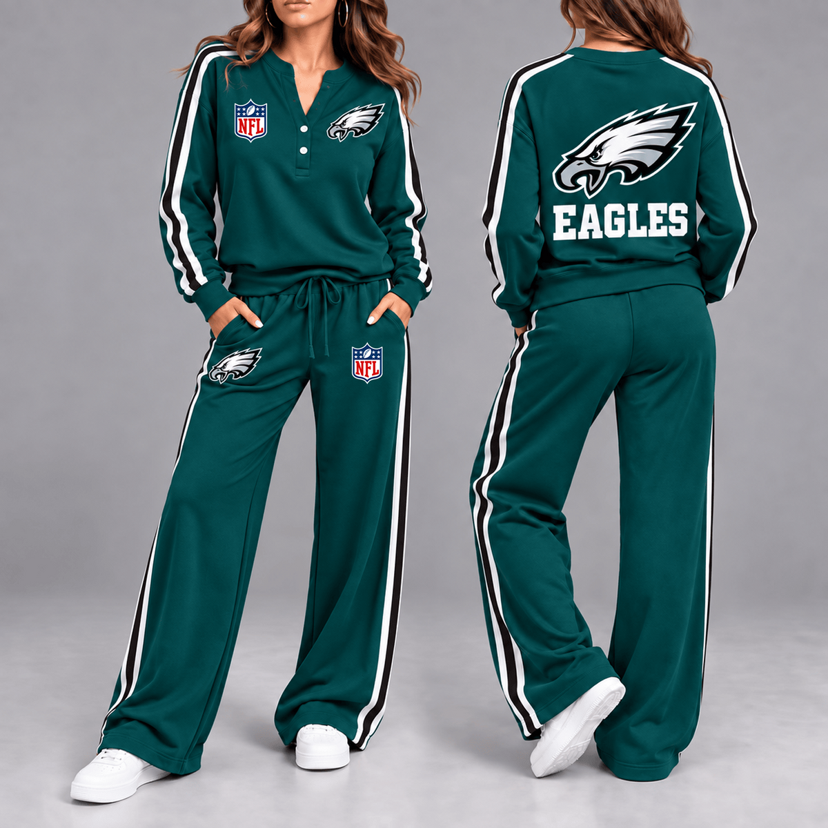 Premium NFL x PHI Game Day Sporty Stripe Long Sleeve Pullover Top & Wide-Leg Pants Set