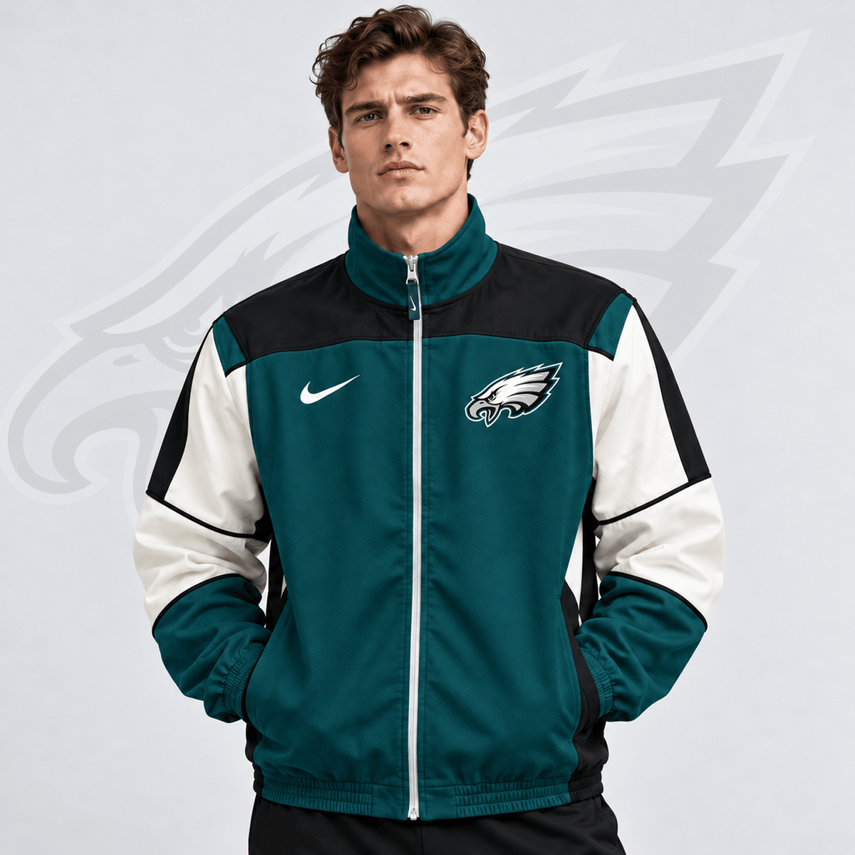 Premium NFL x PHI Team Crest Retro Color Block Full Zip Windbreaker Jacket