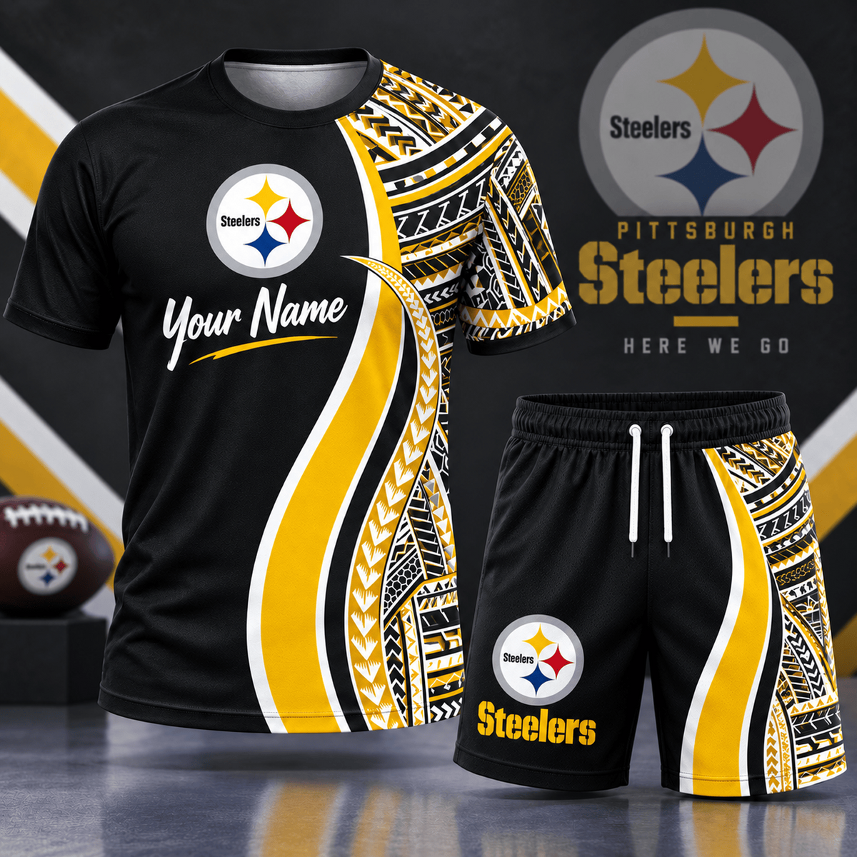 Premium NFL x PIT Custom Name Tribal Graphic T-Shirt and Shorts Set Football Fan Sports Outfit