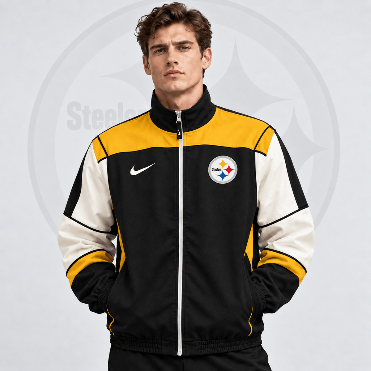 Premium NFL x PIT Team Crest Retro Color Block Full Zip Windbreaker Jacket