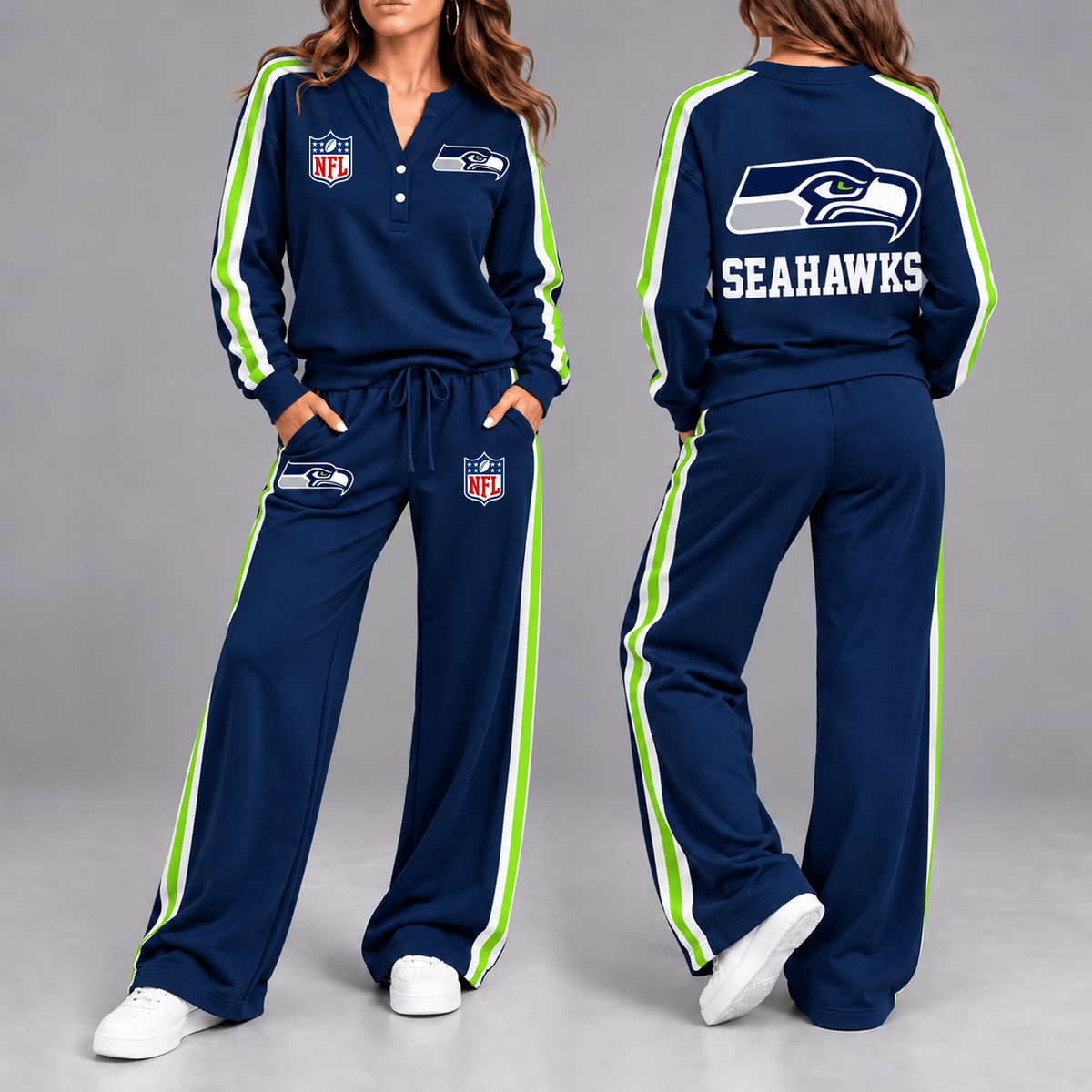 Premium NFL x SEA Game Day Sporty Stripe Long Sleeve Pullover Top & Wide-Leg Pants Set