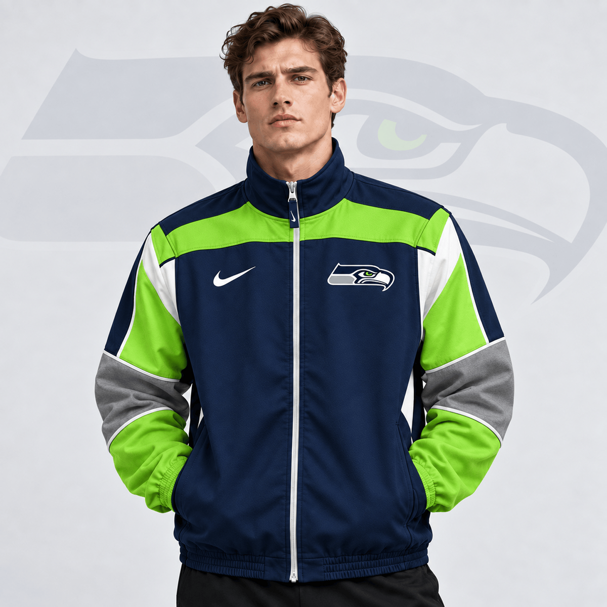 Premium NFL x SEA Team Crest Retro Color Block Full Zip Windbreaker Jacket