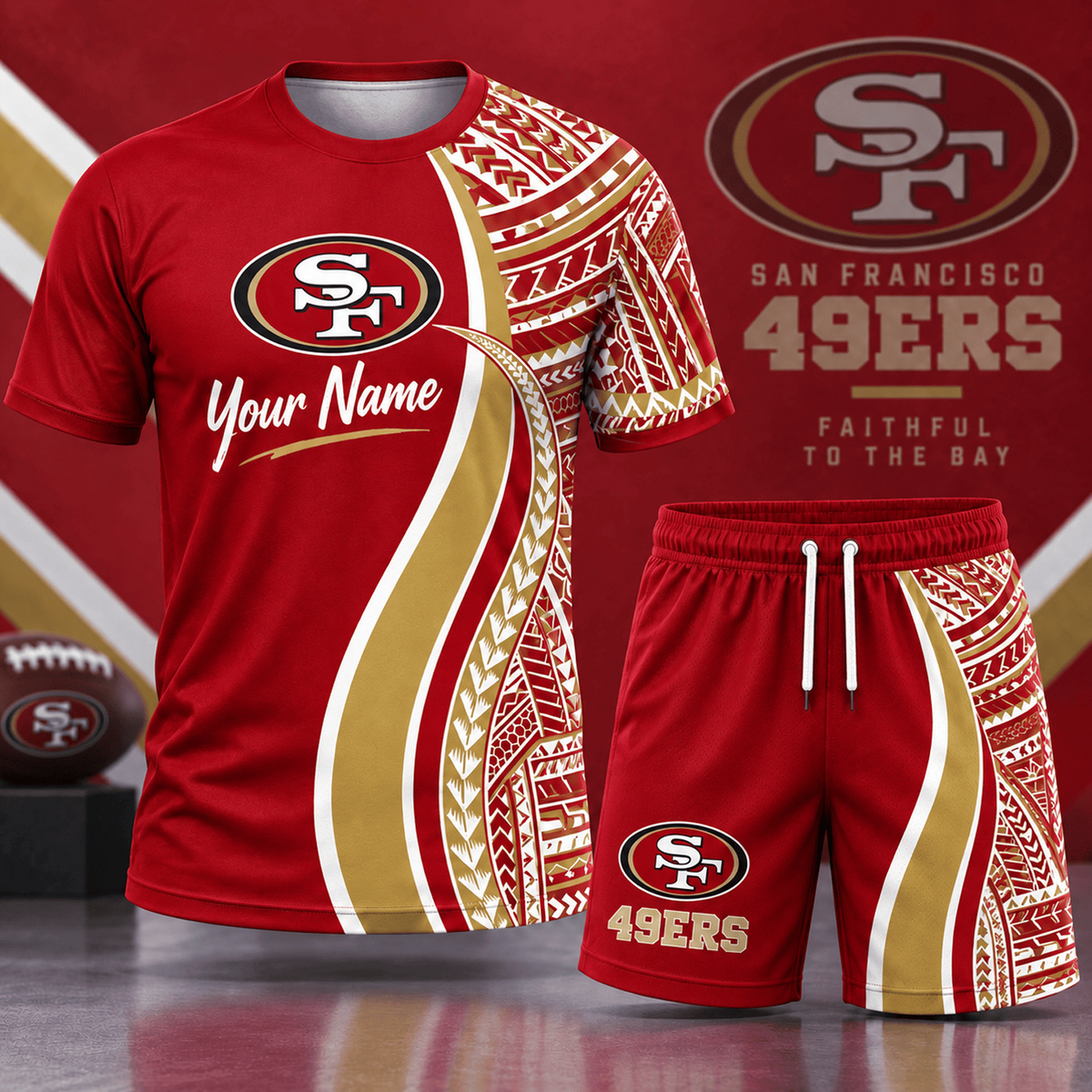 Premium NFL x SF Custom Name Tribal Graphic T-Shirt and Shorts Set Football Fan Sports Outfit