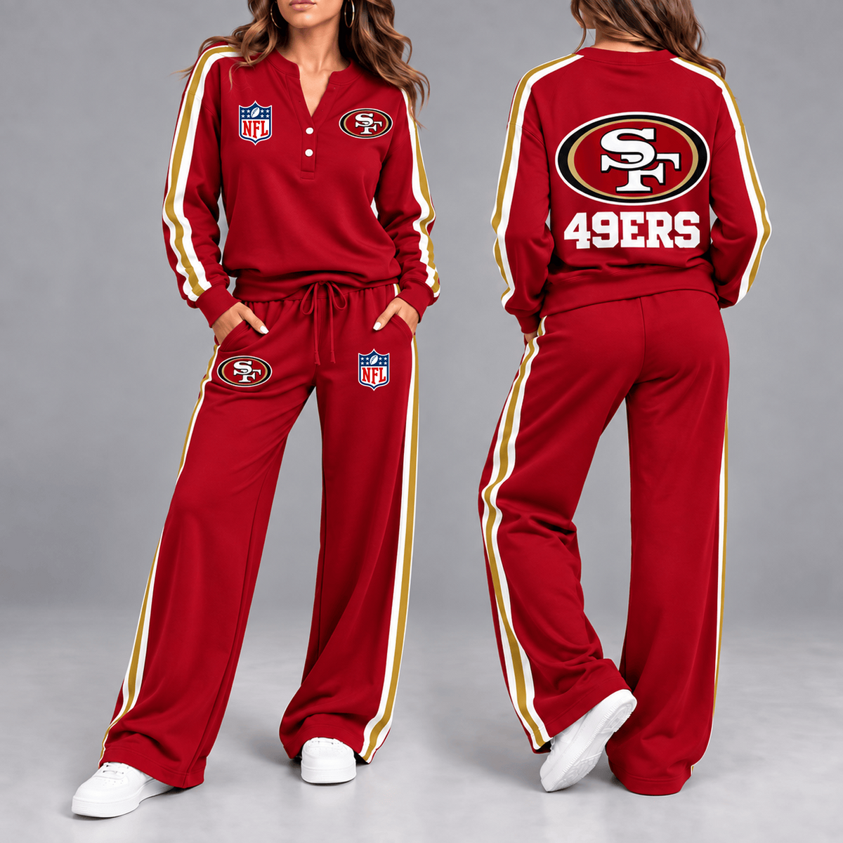 Premium NFL x SF Game Day Sporty Stripe Long Sleeve Pullover Top & Wide-Leg Pants Set