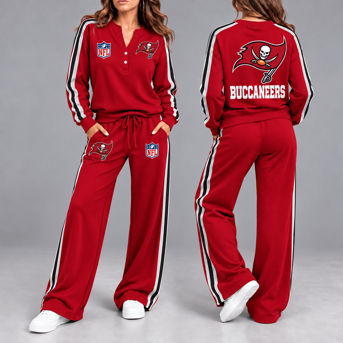 Premium NFL x TB Game Day Sporty Stripe Long Sleeve Pullover Top & Wide-Leg Pants Set