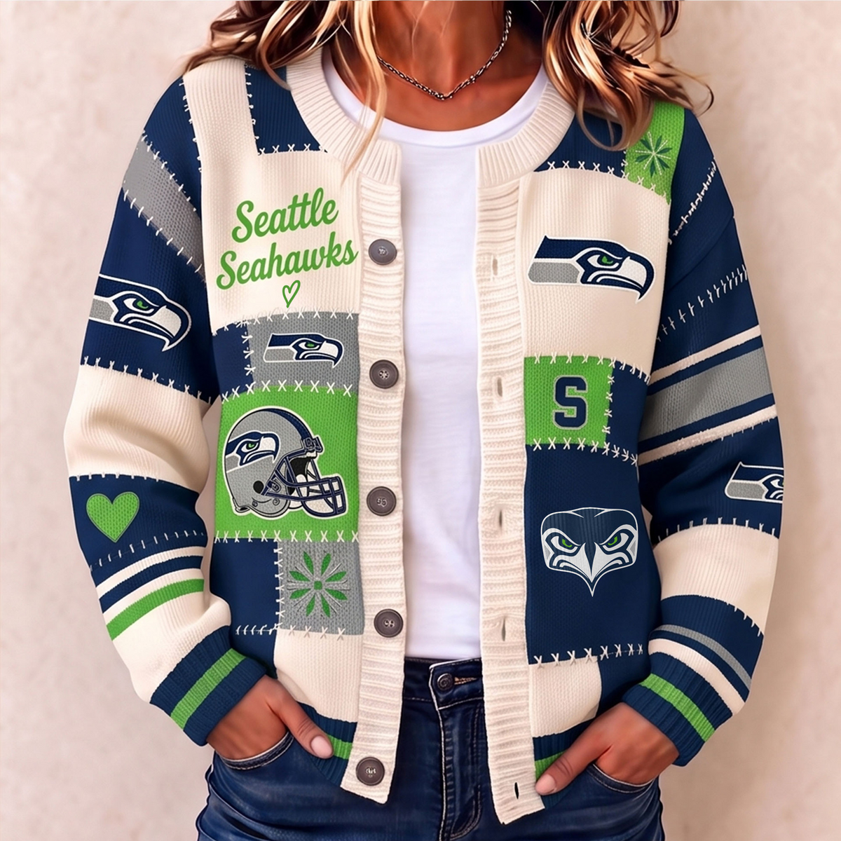 Premium SEA x NFL Patchwork Knit Varsity Cardigan