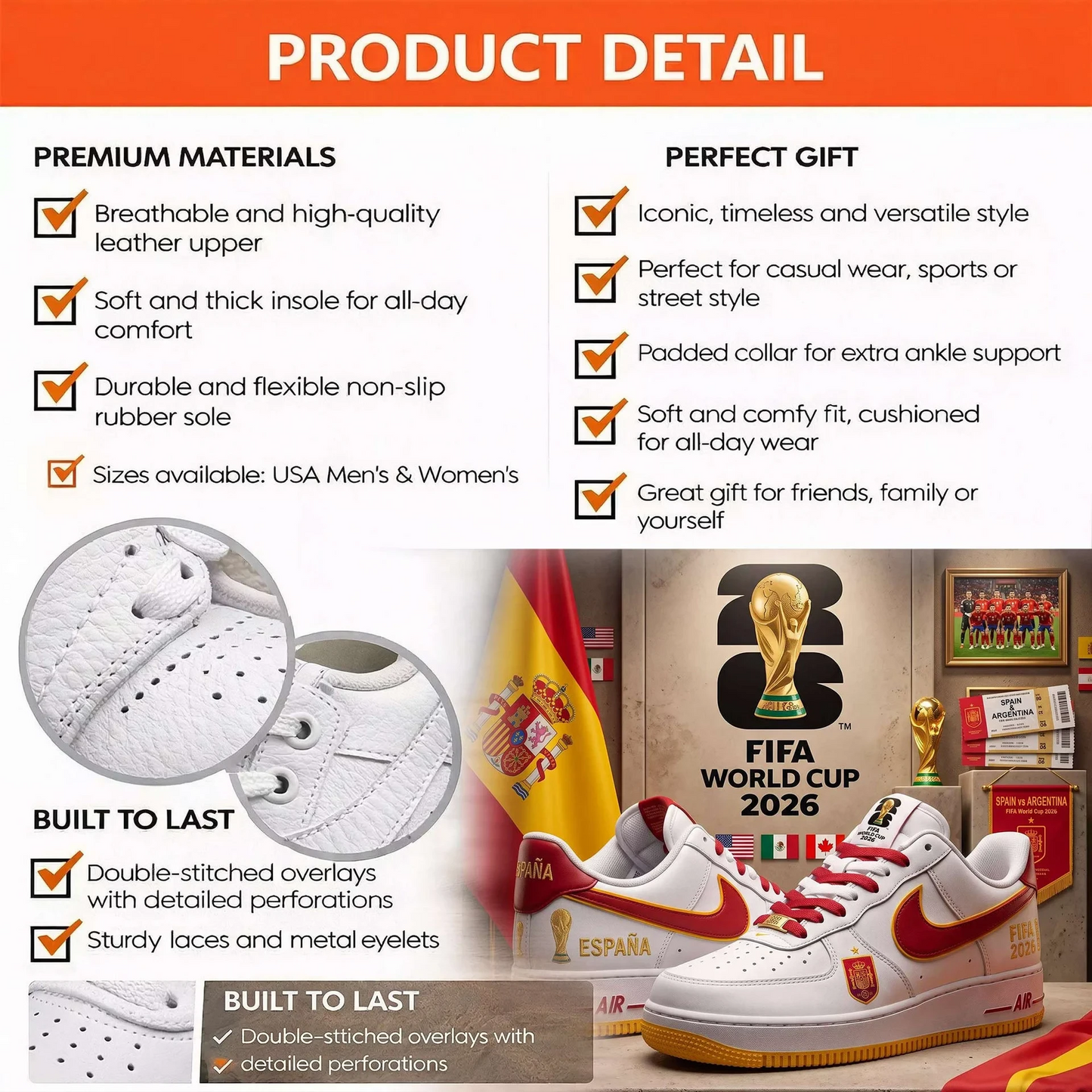 Premium Spain World Cup Champions 2026 AF1 Sneakers V4