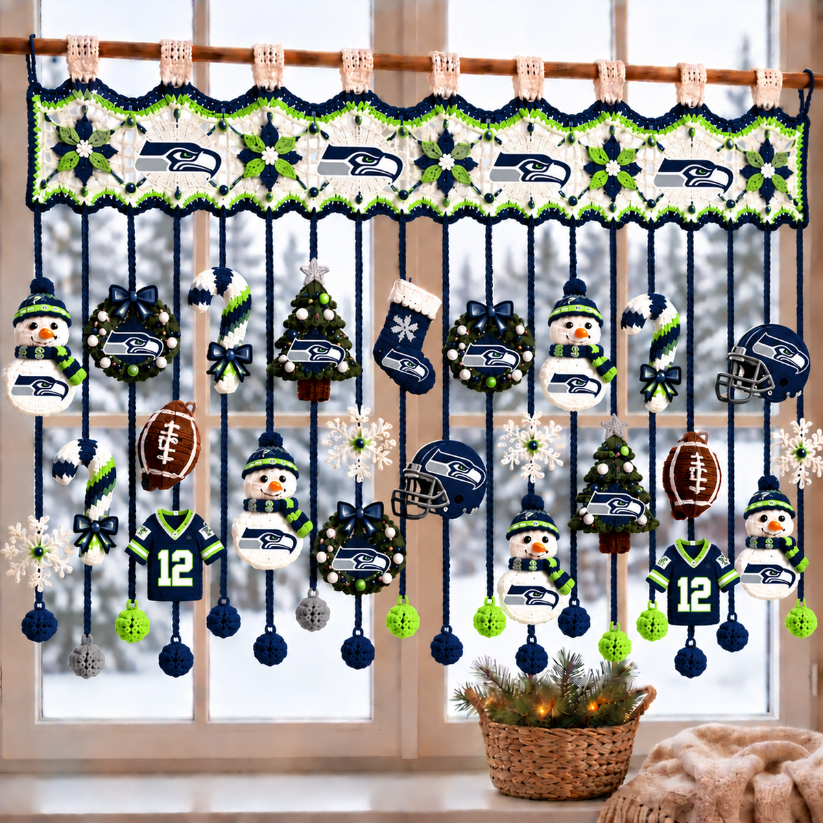 SEA x NFL Christmas Crochet Window Valance β Football Snowman Wreath Holiday Decor