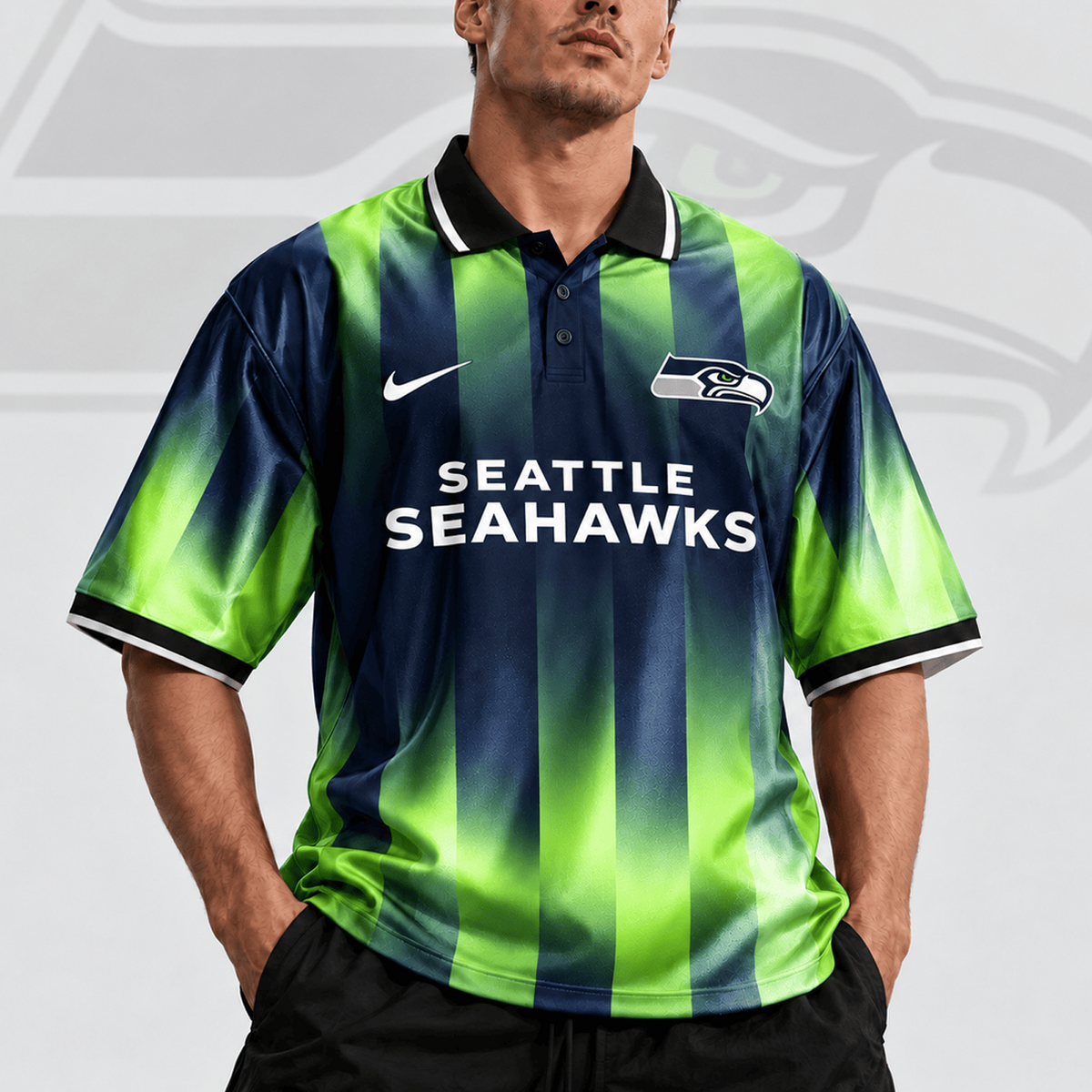 SEA x NFL Team Crest Vertical Stripe Retro Performance Polo Jersey