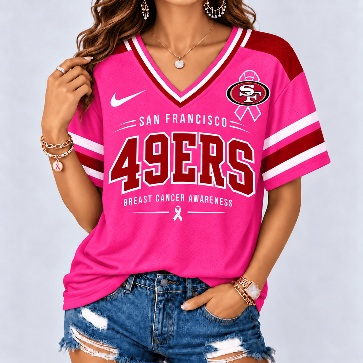 SF x NFL Pink Breast Cancer Awareness V-neck Shirt