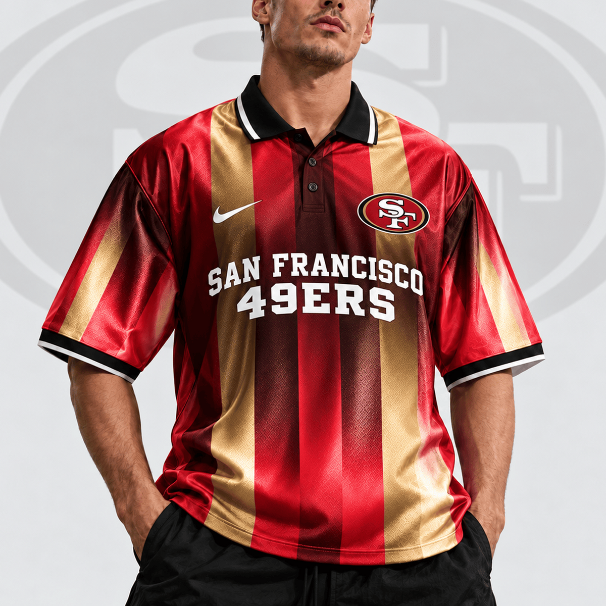 SF x NFL Team Crest Vertical Stripe Retro Performance Polo Jersey