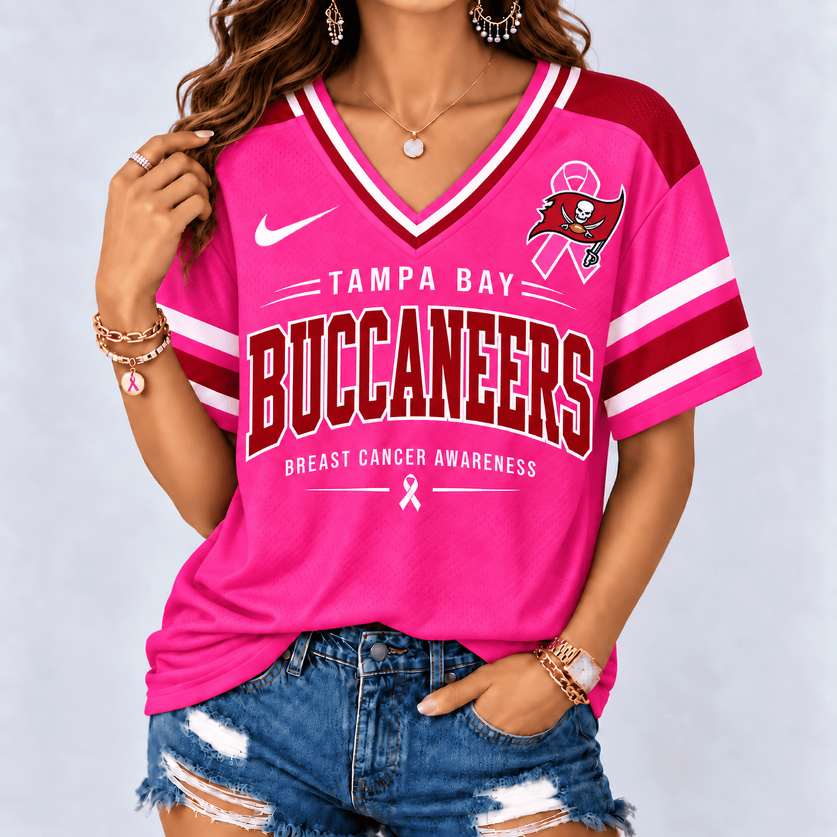 TB x NFL Pink Breast Cancer Awareness V-neck Shirt