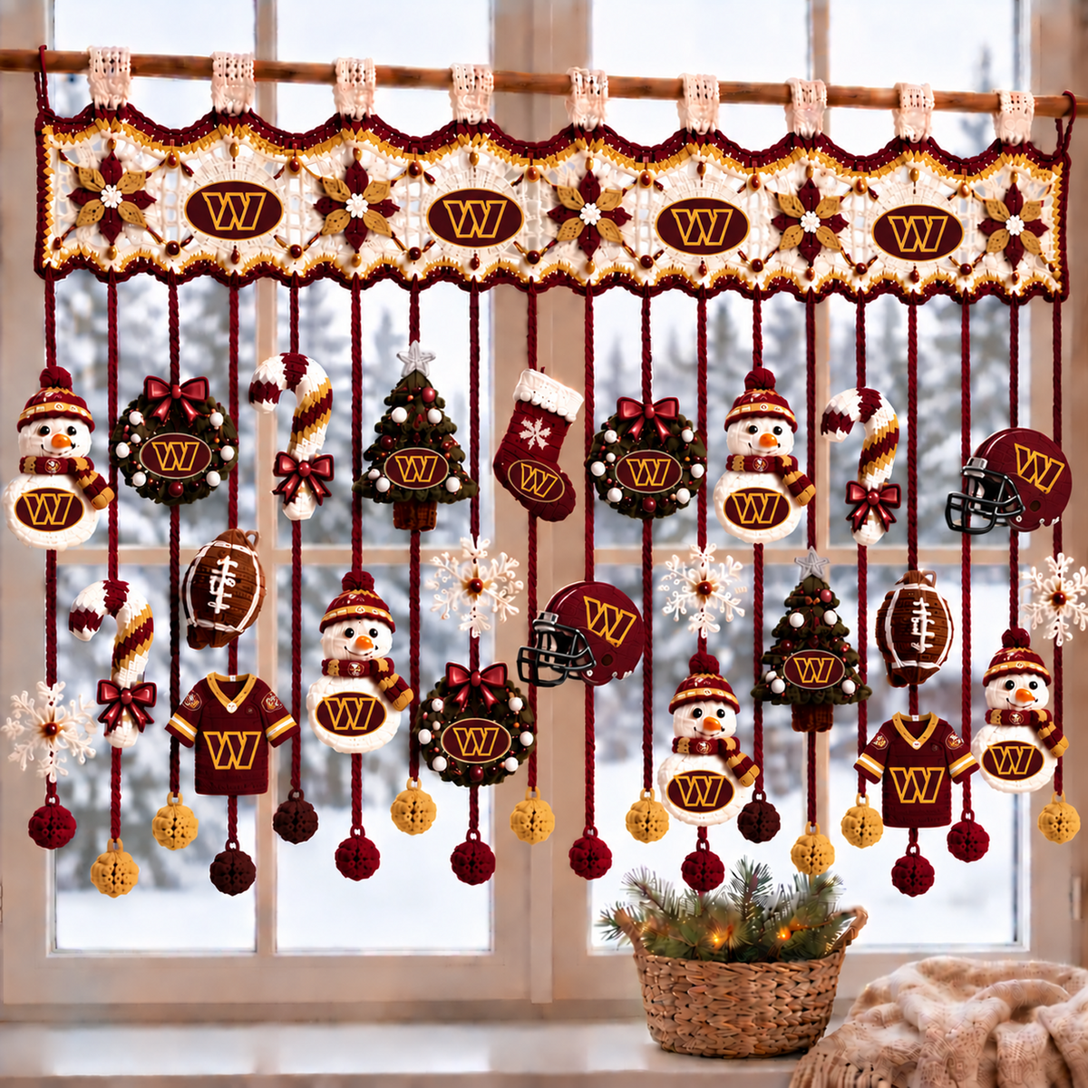 WAS x NFL Christmas Crochet Window Valance β Football Snowman Wreath Holiday Decor