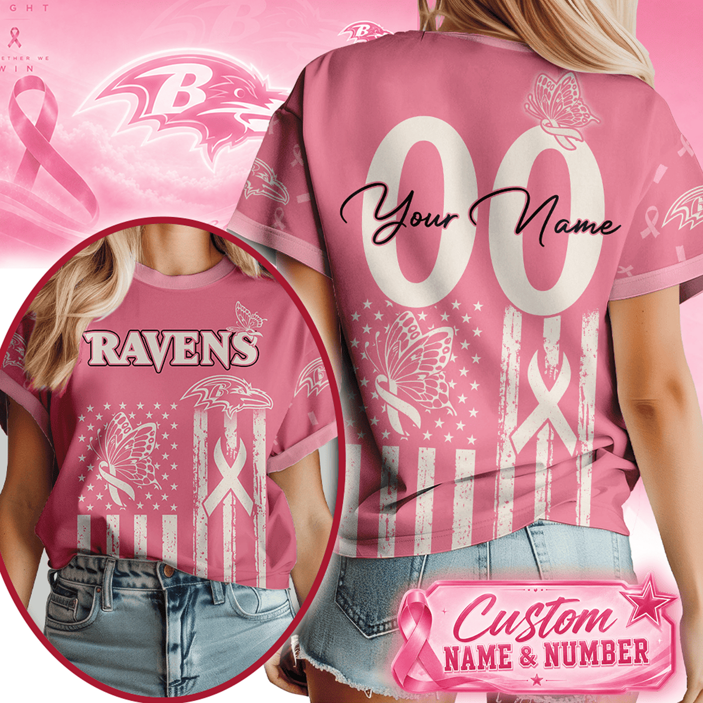 BAL x NFL Premium Butterfly Ribbon Custom 3D Shirt