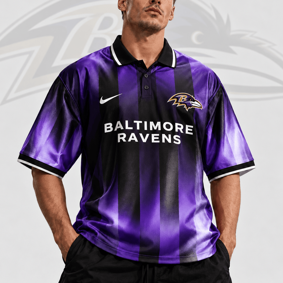 BAL x NFL Team Crest Vertical Stripe Retro Performance Polo Jersey