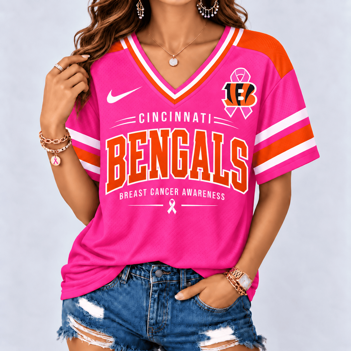 CIN x NFL Pink Breast Cancer Awareness V-neck Shirt