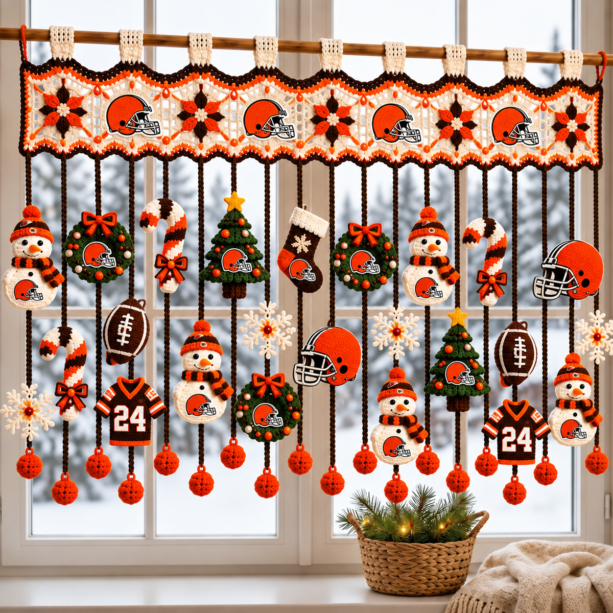 CLE x NFL Christmas Crochet Window Valance – Football Snowman Wreath Holiday Decor