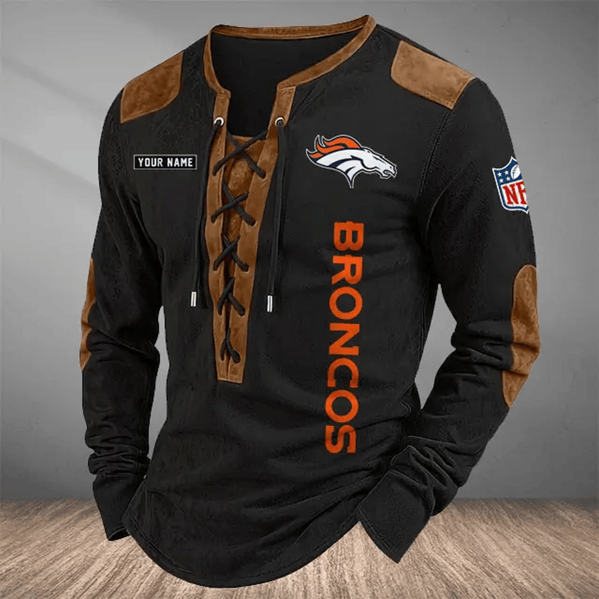 DEN x NFL Custom Name Vintage Henley Long Sleeve Shirt