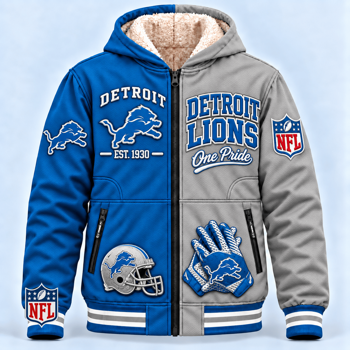 DET x NFL Hooded Varsity Bomber Jacket