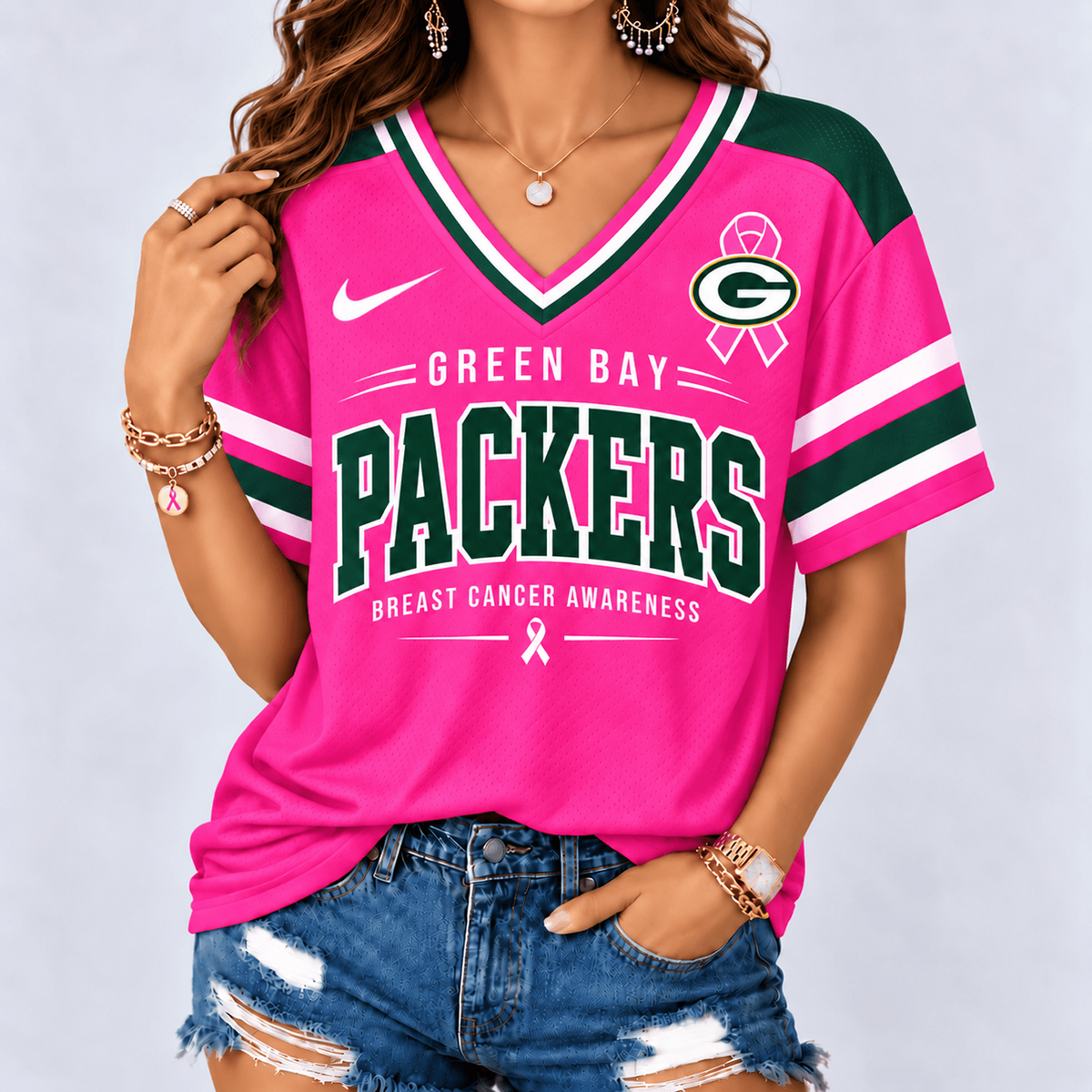 GB x NFL Pink Breast Cancer Awareness V-neck Shirt