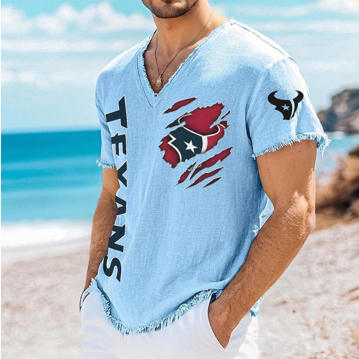 HOU x NFL V-Neck Linen Beach Shirt 1905 DatND DVT