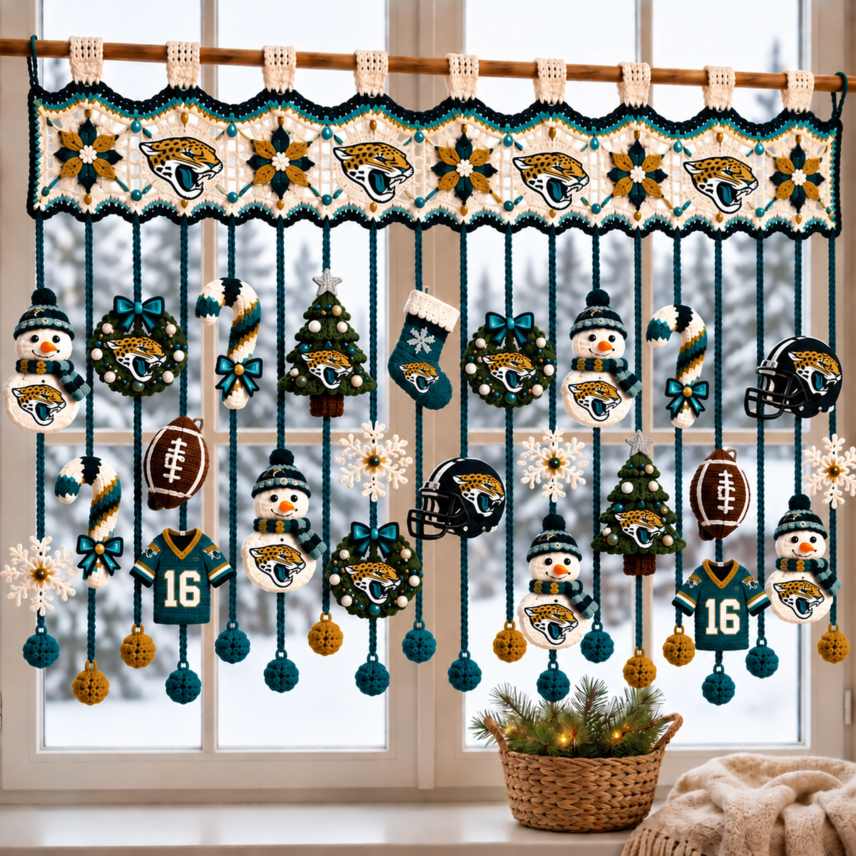 JAC x NFL Christmas Crochet Window Valance – Football Snowman Wreath Holiday Decor
