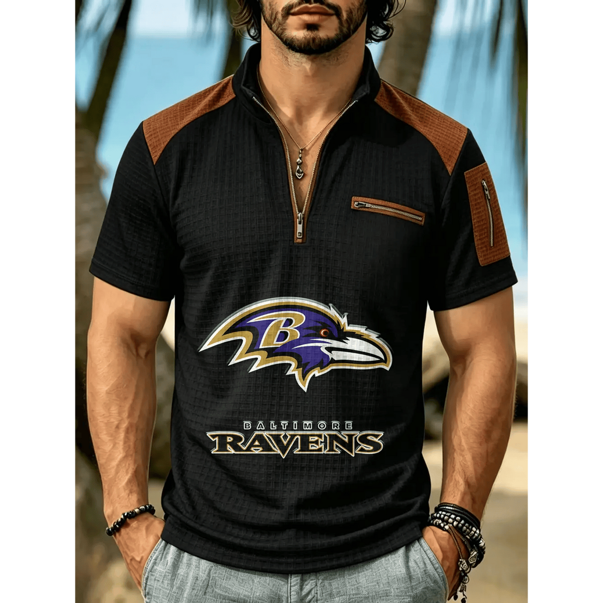 NFL x BAL Men's Quarter Zip Waffle Knit Polo Shirt