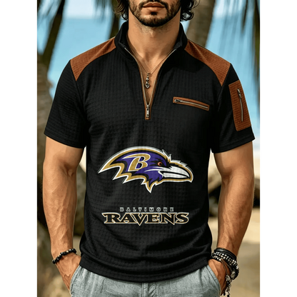 NFL x BAL Men's Quarter Zip Waffle Knit Polo Shirt