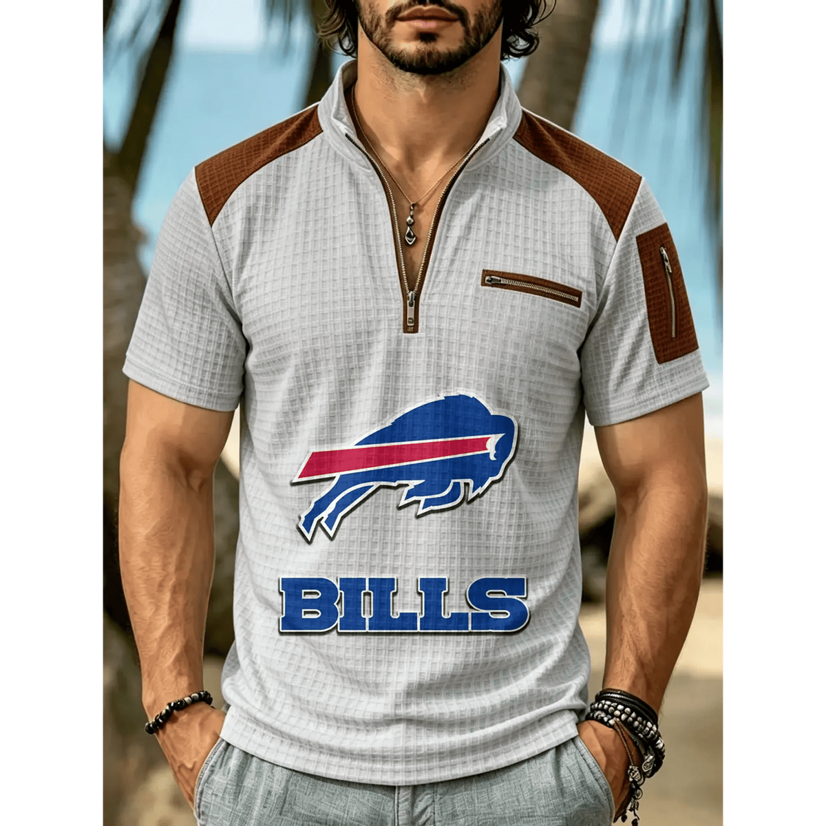 NFL x BUF Men's Quarter Zip Waffle Knit Polo Shirt