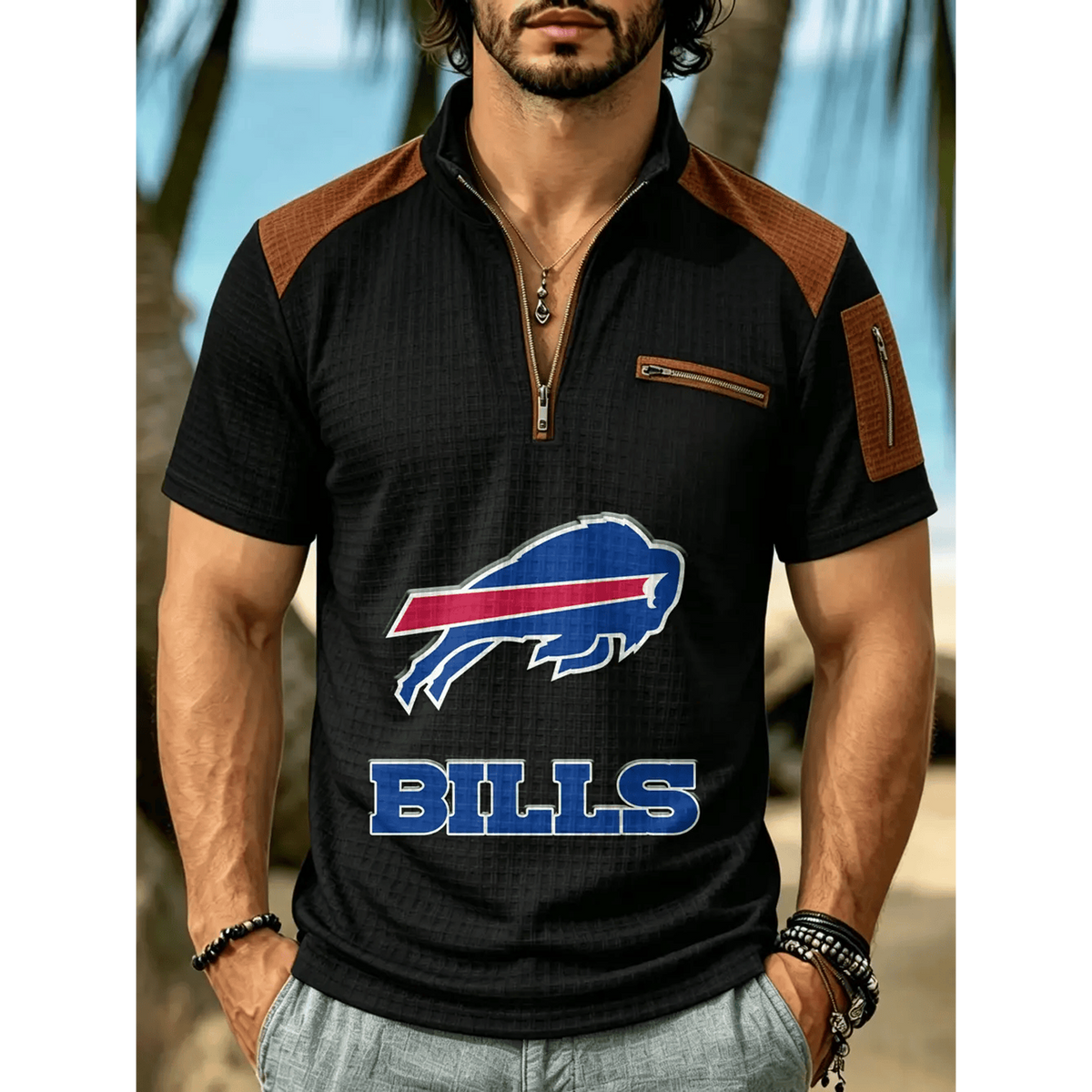 NFL x BUF Men's Quarter Zip Waffle Knit Polo Shirt
