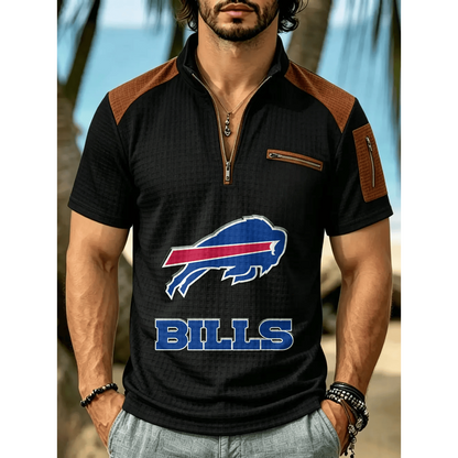 NFL x BUF Men's Quarter Zip Waffle Knit Polo Shirt