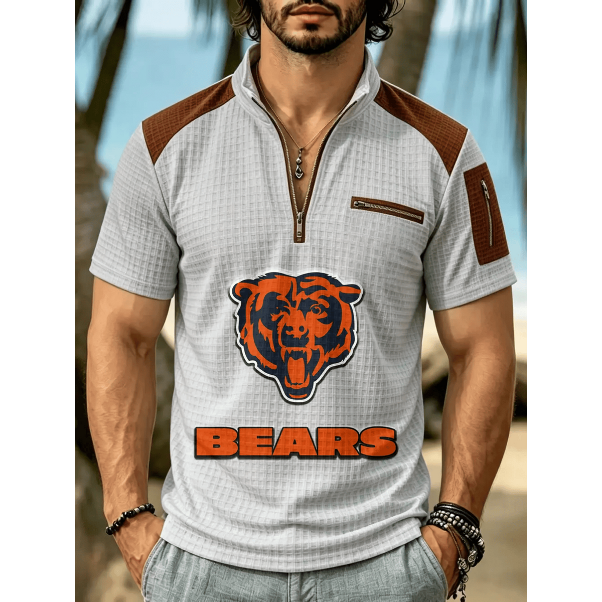 NFL x CHI Men's Quarter Zip Waffle Knit Polo Shirt