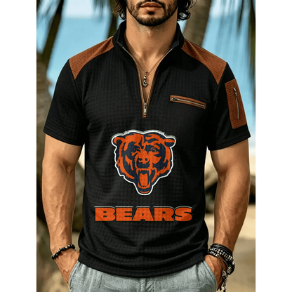 NFL x CHI Men's Quarter Zip Waffle Knit Polo Shirt