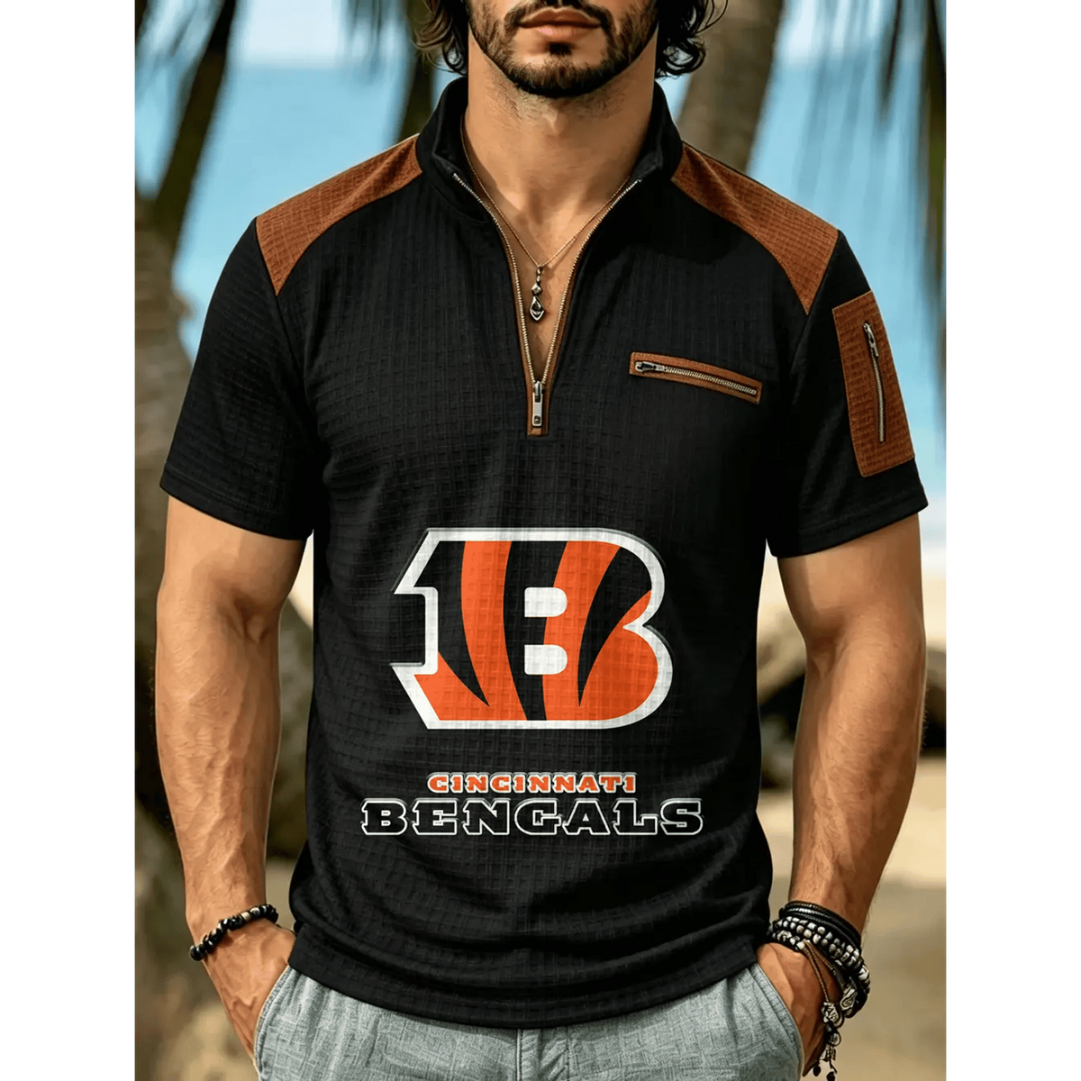 NFL x CIN Men's Quarter Zip Waffle Knit Polo Shirt