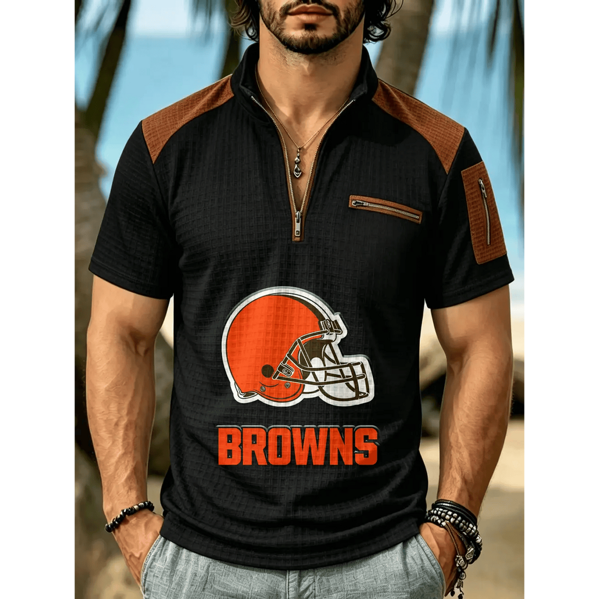 NFL x CLE Men's Quarter Zip Waffle Knit Polo Shirt