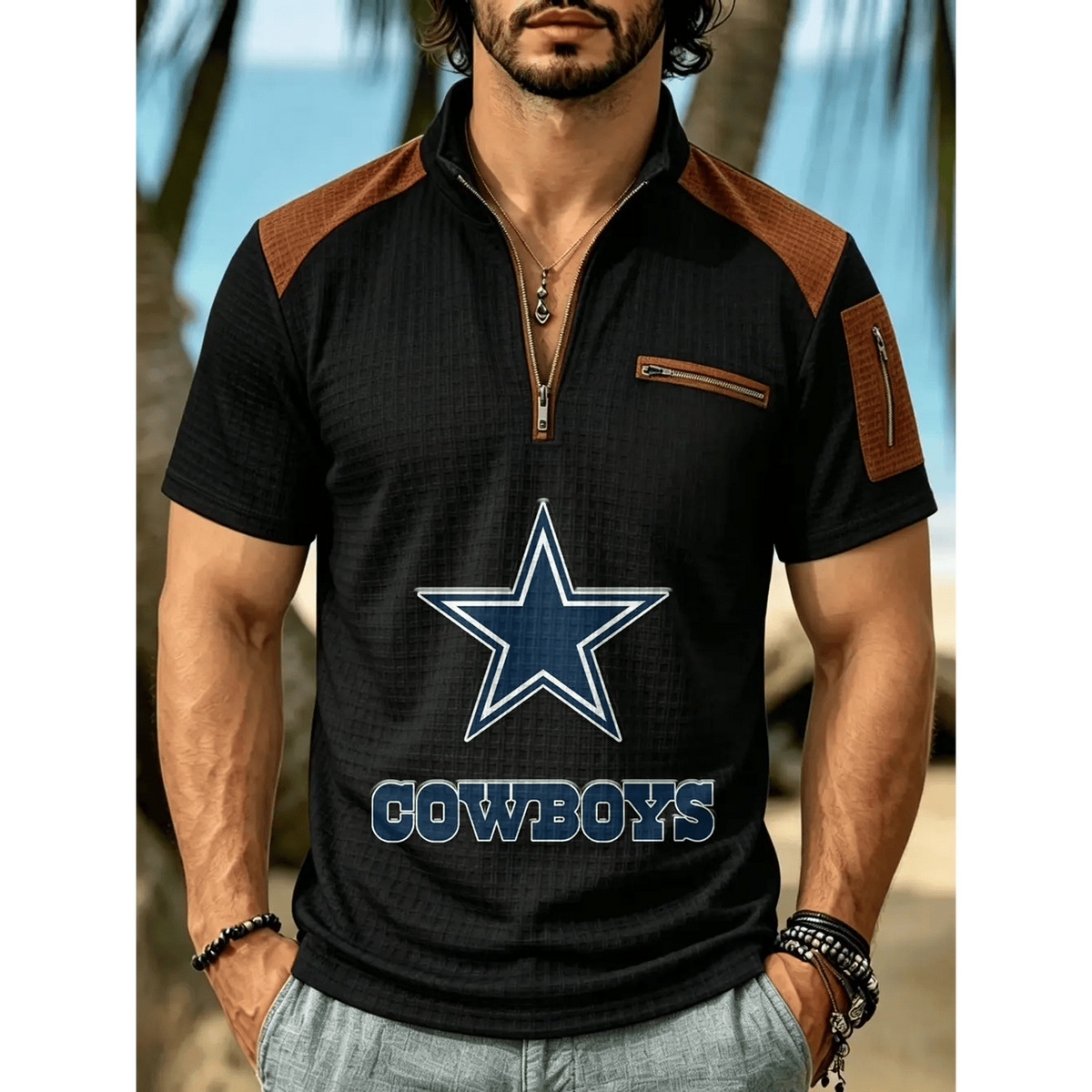 NFL x DAL Men's Quarter Zip Waffle Knit Polo Shirt