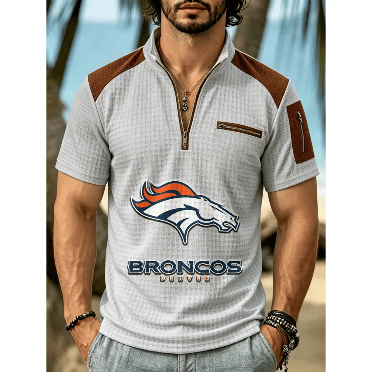 NFL x DEN Men's Quarter Zip Waffle Knit Polo Shirt