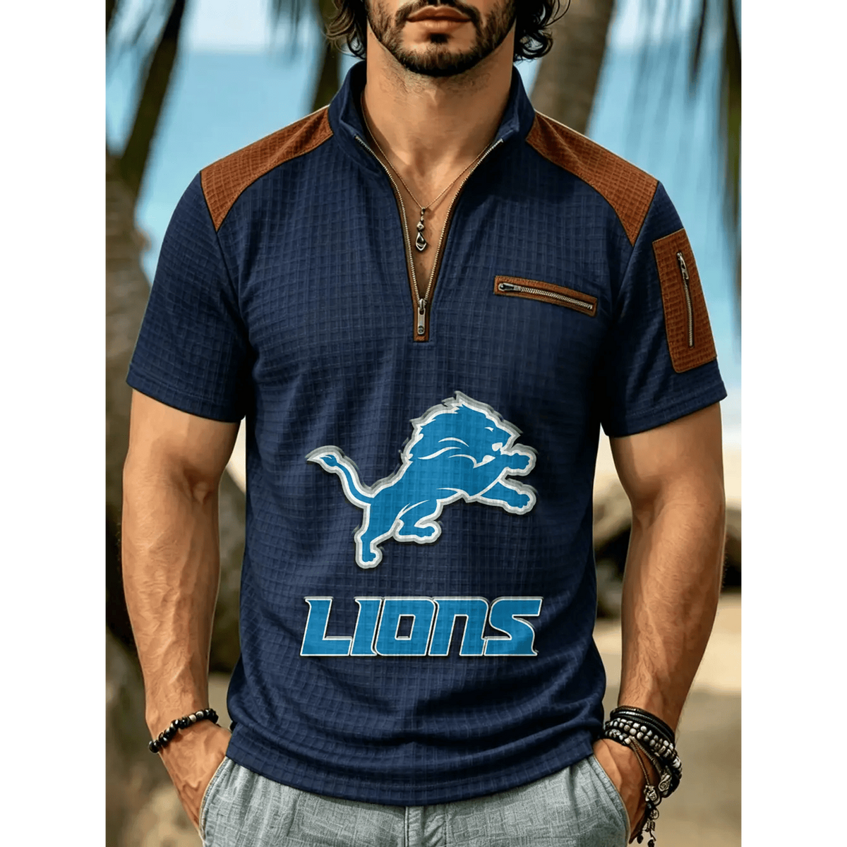 NFL x DET Men's Quarter Zip Waffle Knit Polo Shirt